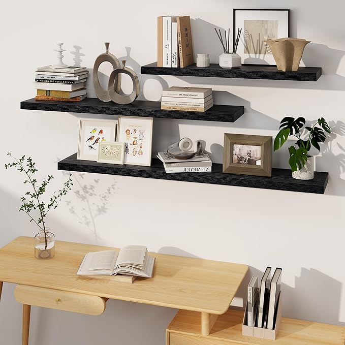 Black Floating Shelves 48 Inch Long, 8 Deep Floating Shelves for Wall, Rustic 48