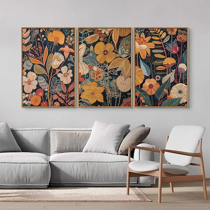 SIGNINART Orange Floral Framed Canvas Wall Art Set of 3, Mid Century Modern Flower Wall Decor, Neutral Plant Artwork, Boho Botanical Art Prints for Bedroom Living Room Office 16