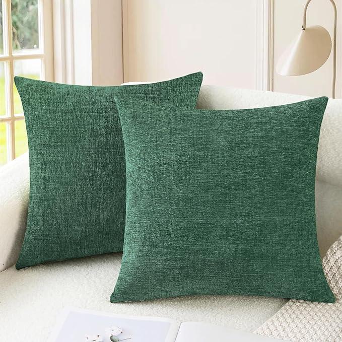 CaliTime Throw Pillow Covers Decorative 24 X 24 Inches Pack of 2 Cozy Chenille Cushion Cases for Couch Sofa Bed Living Room Home Dark Green