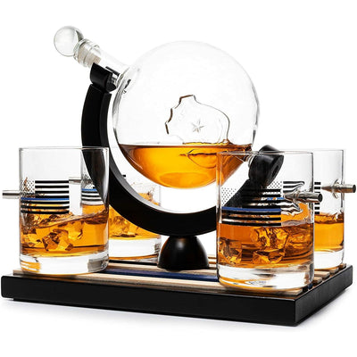 Police Officers Decanter - Whiskey and Wine Set 850ml & Four 10oz Glasses, Thin Blue Line Flag Base - Law Enforcement Gifts, Police & Police Academy, Gift Set First Responders! Gifts for Dad