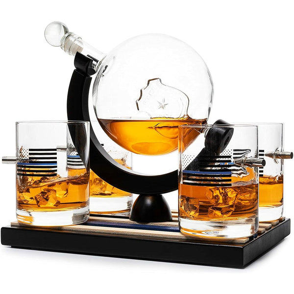 Police Officers Decanter - Whiskey and Wine Set 850ml & Four 10oz Glasses, Thin Blue Line Flag Base - Law Enforcement Gifts, Police & Police Academy, Gift Set First Responders! Gifts for Dad