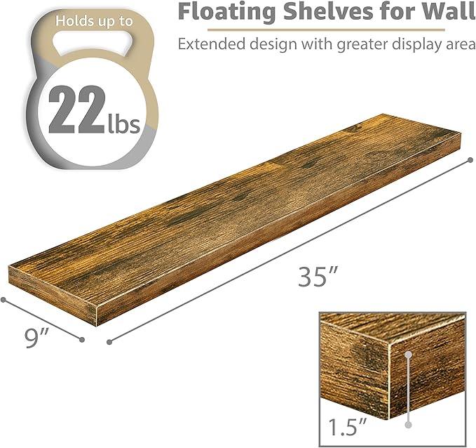 Sorbus Floating Shelves for Wall - 35 Inch Long Bathroom Shelves, Wall Decor for Bedroom, Kitchen, Living Room & Book Storage - Mounted Floating Shelf with Invisible Brackets (Rustic Brown, 3 Pack)