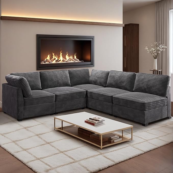 HOOOWOOO Modular Sectional Sofa,5 Pieces Sectional Couches for Living Room,98X98 L Shaped Cloud Couch Set(Grey Velvet Corduroy)