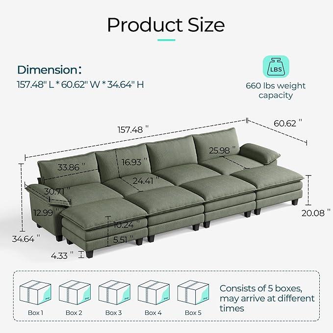 LINSY HOME Modular Sectional Sofa - 157'' Sleeper Sofa Cloud Couch Oversized Corduroy Sofa Bed with Movable Ottoman Soft Modern Comfy Couch for Living Room Apartment Office, Green