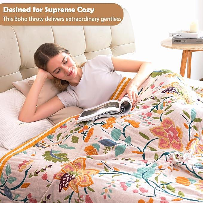 Boho Throw Blanket, 100% Organic Cotton Breathable Ultra Soft 80
