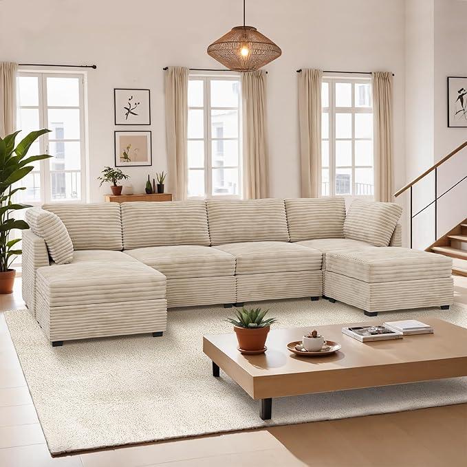 Modular Sectional Sofa, 130.7 Inch U Shaped Couch Set for Living Room, 4-Seater Comfy Cloud Couches with Two Movable Ottoman, DIY Combination, Plush Corduroy, Beige