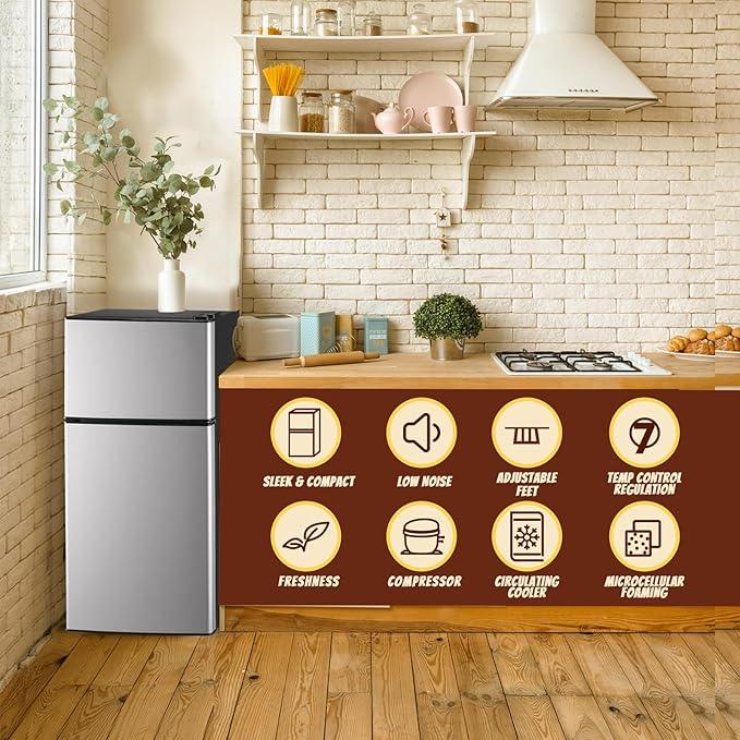 2.4 Cu.ft Mini Fridge Small Refrigerator with Freezer Dual Door Dorm Fridge for Personal Senven Temp Gear Suit for Apartment, Bedroom, Rv Silver