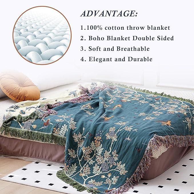 Snycler Boho Throw Blanket for Bed - 100% Cotton Ultra Soft Rustic Quilt Blanket Green Floral Bird Printed Farmhouse Decor Bed Blankets, 80