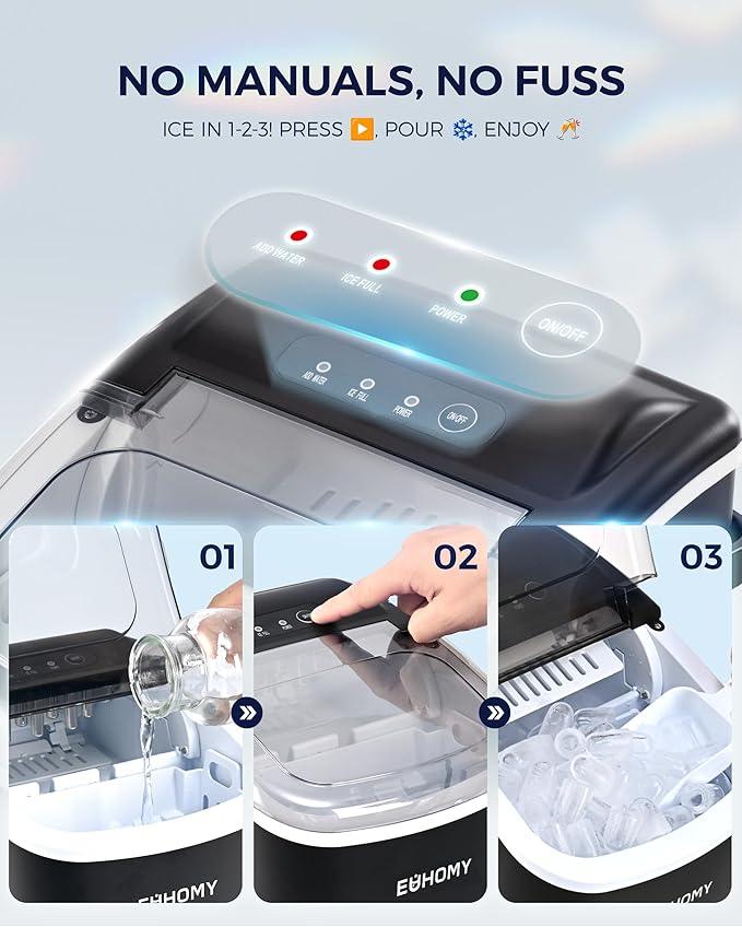 EUHOMY Countertop Ice Maker Machine with Handle, 26lbs in 24Hrs, 9 Ice Cubes Ready in 6 Mins, Auto-Cleaning Portable Ice Maker with Basket and Scoop, for Home/Kitchen/Camping/RV. (Black)