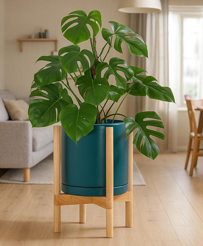 D'vine Dev Ceramic Planter with Natural Stand - 12 Inch Modern Round Flower Pot with Wood Planter Holder, Teal, 55-B-J-4