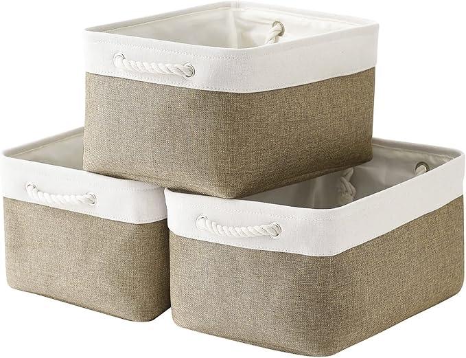 TheWarmHome Storage Basket for Organizing - 16x12x8 inch Large 3 Pack Collapsible Storage Bin for Shelves with Handles, Fabric Storage Cubes for Organizer Cloth Gift Toy Closet (Whiet & Khaki)