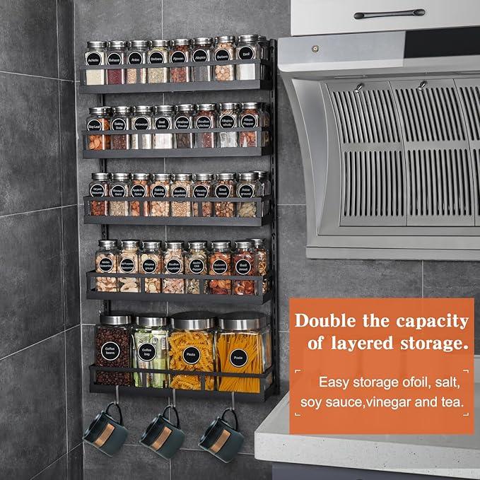 X-cosrack Wall Mount Spice Rack Organizer 5 Tier Height-Adjustable Hanging Spice Shelf Storage for Kitchen Pantry Cabinet, Dual-Use Seasoning Holder Rack with Hooks, Black-Patented