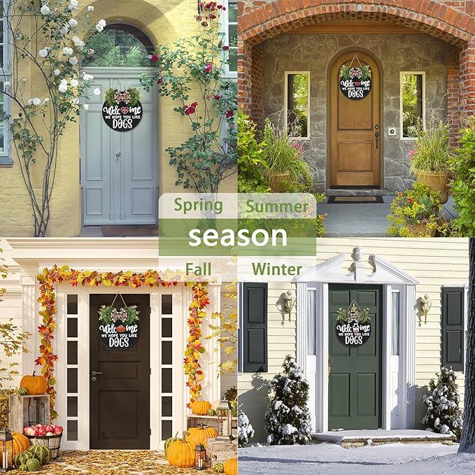 Interchangeable Wooden Seasonal Welcome Sign, Rustic Round Dogs Sign Front Door Wreaths for Home/Wall/Porch Decor, for Easter Spring Summer Fall Halloween Christmas All Season Decorations