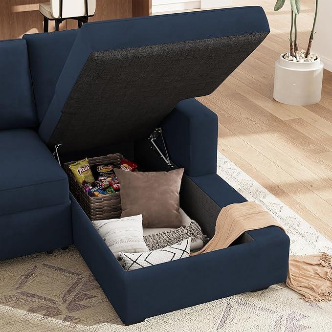 HONBAY Sleeper Velvet Blue Sectional Couch with Pull-Out Bed, Storage Chaise for Living Room