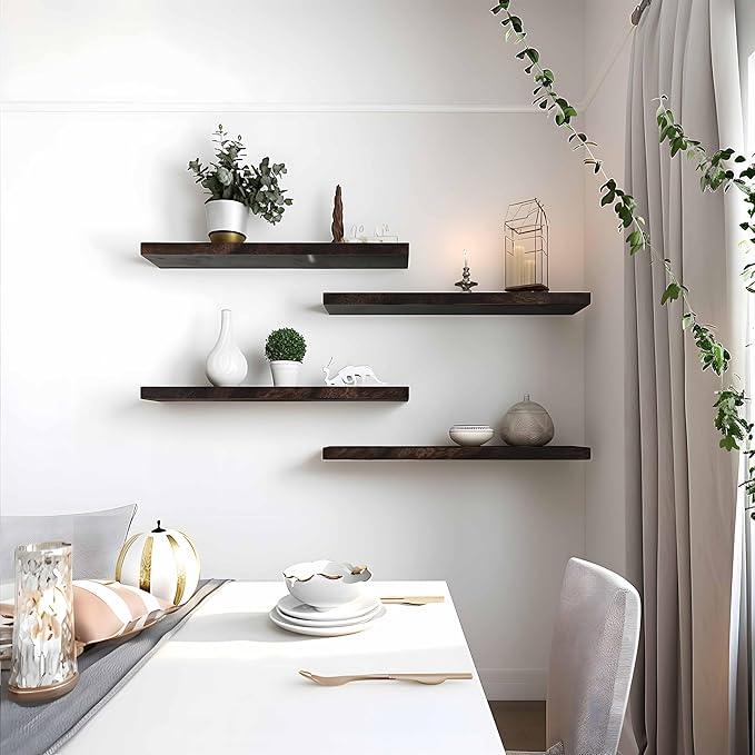 Wood Floating Shelves for Wall Decor, Rustic Wall Shelves for Bedroom Bathroom Kitchen Living Room, Set of 4 Walnut 24 Inch