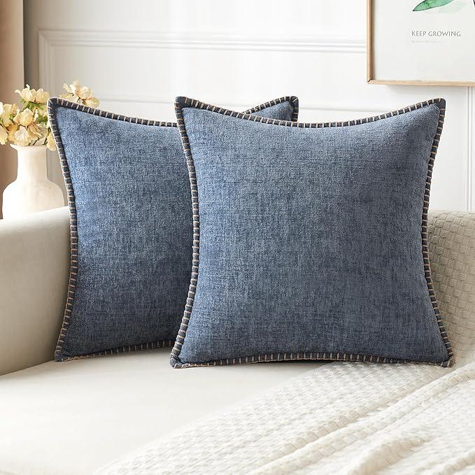 MIULEE Pack of 2 Couch Throw Pillow Covers 18x18 Inch Dark Grey Blue Farmhouse Decorative Pillow Covers with Stitched Edge Soft Chenille Solid Dyed Spring Pillow Covers for Sofa Bed Living Room