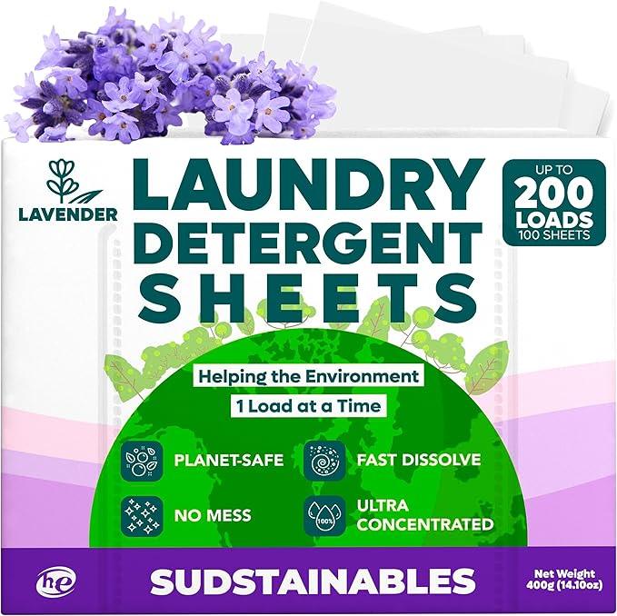 Sudstainables Laundry Detergent Sheets (200 Loads) – Eco-Friendly, Plastic-Free, Zero Waste, Laundry Washing Machines Soap Sheets; Dissolvable, Space-Saving Strips for Travel (Lavender)