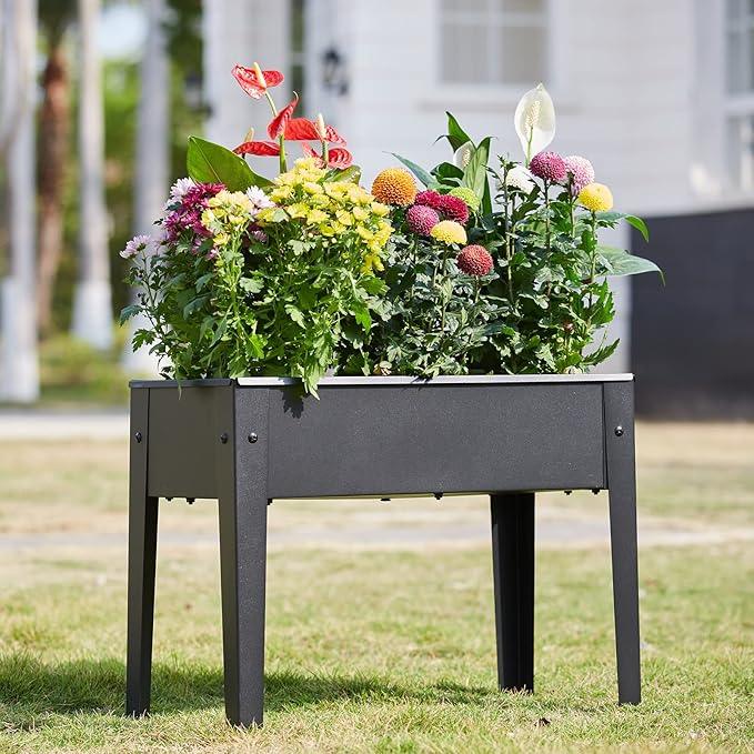 Raised Garden Bed, Elevated Planter Black Metal Plant Box with Legs Standing Garden Stand Drainage Holes Black(Black 24