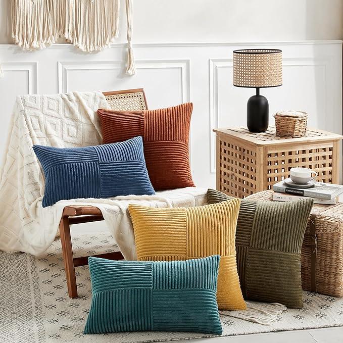 Fancy Homi 2 Packs Teal Long Lumbar Decorative Throw Pillow Covers 16x24 Inch for Couch Bed Sofa, Rustic Farmhouse Boho Home Decor, Soft Striped Corduroy Rectangle Accent Cushion Case 40x60 cm