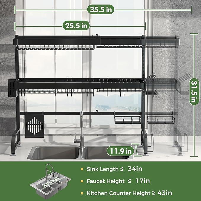 3 Tier Extra Large Stainless Steel Expandable Over The Sink Dish Drainer Drying Rack, Rust Proof Metal, Space Saving, Modern Black Big Capacity Extendable Plate Strainers Above Kitchen Counter