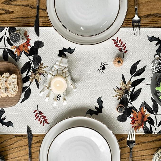 Artoid Mode Pumpkin Ghost Leaves Spider Web 210 GSM Halloween Table Runner, Spooky Kitchen Dining Table Decoration for Home Party Decor 13x108 Inch