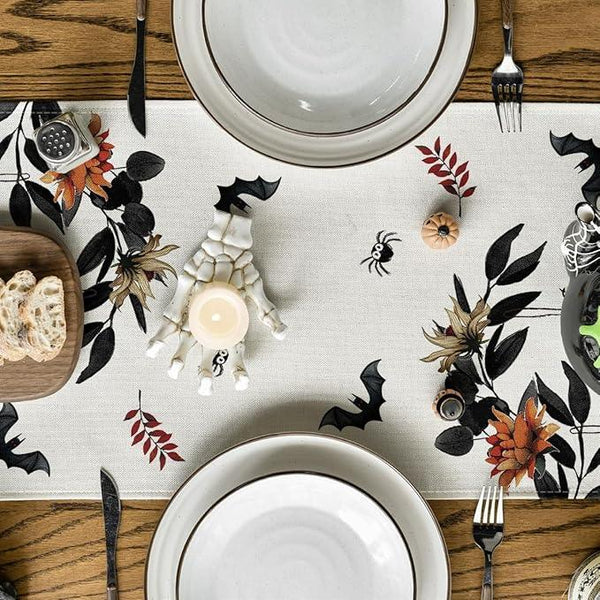 Artoid Mode Pumpkin Ghost Leaves Spider Web 210 GSM Halloween Table Runner, Spooky Kitchen Dining Table Decoration for Home Party Decor 13x108 Inch