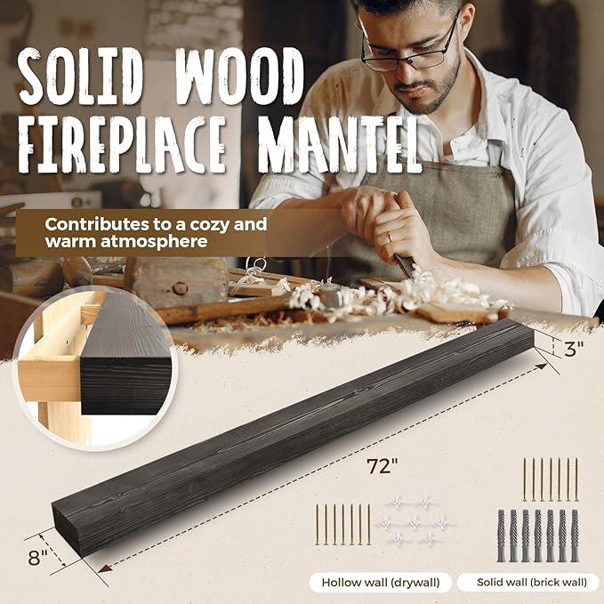 72x8x3 Fireplace Mantel - Handcrafted Hollow Rustic Solid Wood Wall Mounted Floating Shelf with Invisible Heavy Duty Wood Bracket (Weathered Black)