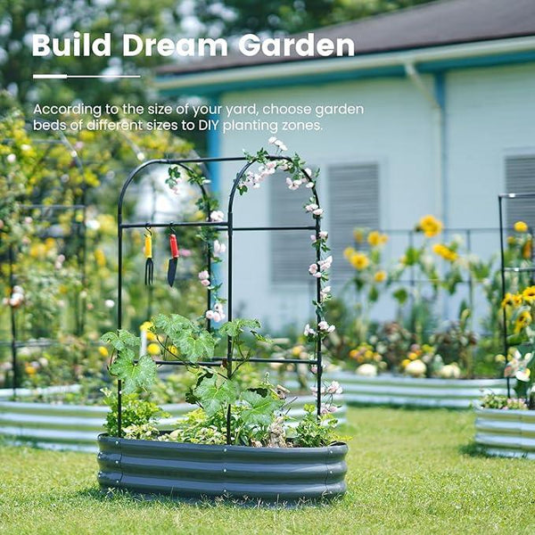 KING BIRD Raised Garden Bed with Arched Trellis Galvanized Planter Garden Box Outdoor for Gardening, Climbing Vegetables, Flowers 3.94x1.97x0.98 Ft, Dark Grey