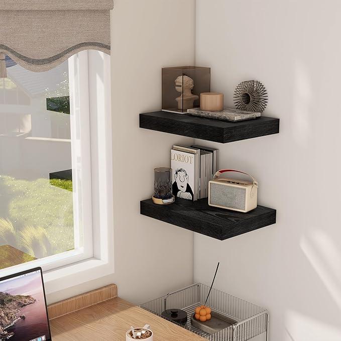 12 Inch Deep Black Floating Shelves, 16 x 12 Floating Shelf for Books, Rustic Wood Deep Wall Shelves for Home Storage & Display, 2