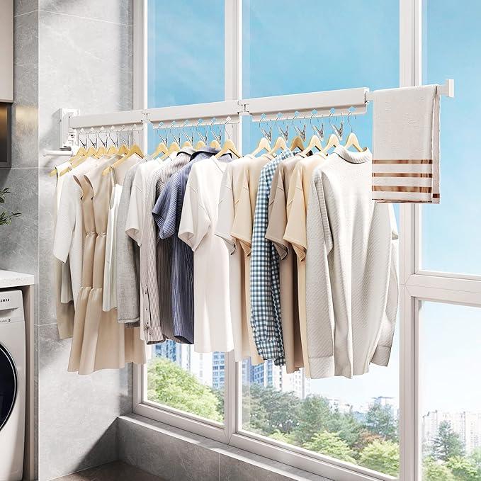 Wall Mounted Clothes Hanger,Clothes Drying Rack,Laundry Rack Wall Mount,Drying Rack Clothing,Clothes Rack Retractable,Collapsible(Tri-Fold), with Windproof Holes & Clips,White Color