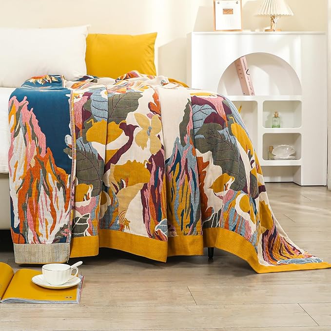 Boho Throw Blanket for Bed,100% Cotton Breathable Muslin Soft Throw, Fall Bed Throw Blanket Floral Bird Butterfly Printed Decor Large Blankets,80