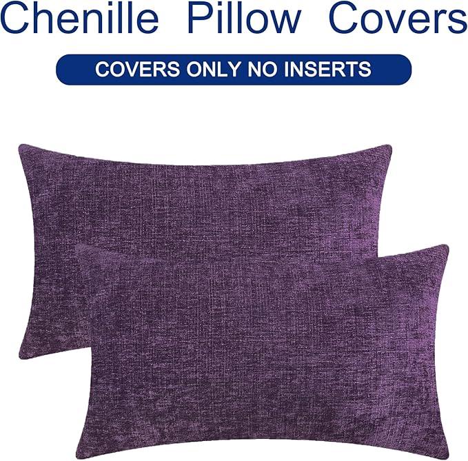 CaliTime Throw Pillow Covers Decorative 12 X 20 Inches Pack of 2 Cozy Chenille Cushion Cases for Couch Sofa Bed Living Room Home Plum Purple