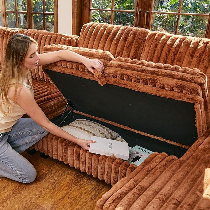 Belffin Plush Corduroy Modular Sectional Sofa with Pull Out Bed Convertible Small Sectional Corner Couch for Living Room Brick Red Couch