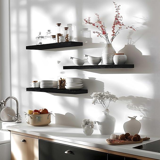 24 Inch Floating Shelves for Wall Rustic Black Wood Wall Shelves for Bedroom Set of 4