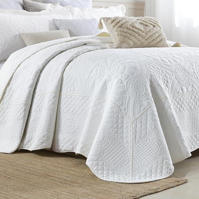 MarCielo 3-Piece 100% Cotton Oversized Bedspread Lightweight Quilt Coverlet Embroidery Farmhouse Bedding (Tf Bright White, Oversized Queen (100
