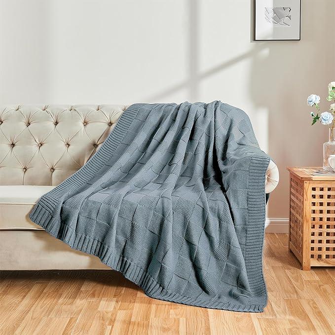 CozeCube Check Knit Throw Blanket, Dusty Blue Checkered Throw for Couch, Decorative Christmas Soft Cozy Warm Knitted Blanket for Bed Sofa Living Room, 60