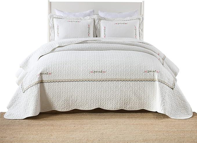 MarCielo 3-Piece 100% Cotton Oversized Bedspread Lightweight Quilt Coverlet Embroidery Farmhouse Bedding Set (Sakura White, Oversized King (118