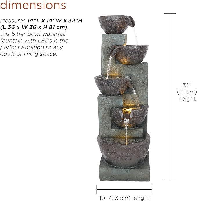 Alpine Corporation TZL390 Elegant Outdoor 5 Tier Bowls Waterfall Fountain with LED Lights for Garden, Patio, Yard, and Outdoor Spaces, Relaxing Cascading Fountain, 39