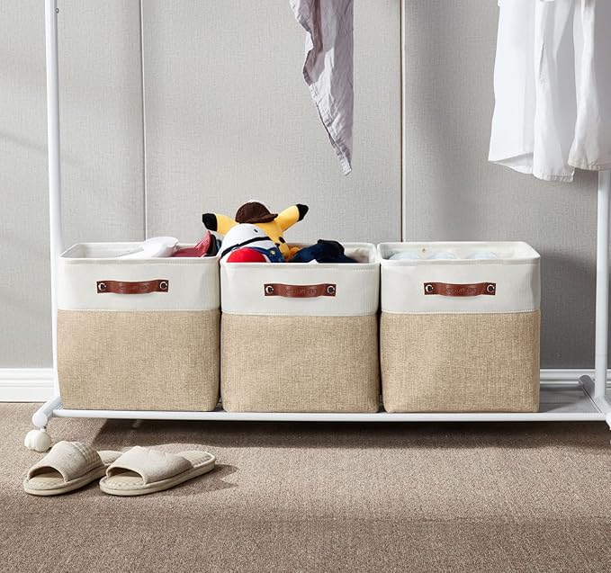 DECOMOMO Storage Cubes, 11x11 Cube Storage Bins, Baskets for Shelves (Beige & White, Cube 11