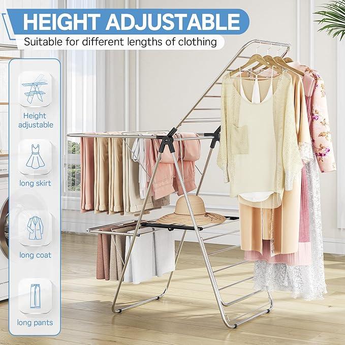APEXCHASER Clothes Drying Rack with 4 Wings, Drying Rack Clothing with Height-Adjustable, Foldable Gullwings Laundry Drying Rack, Indoor Outdoor Use, No Assembly, Black