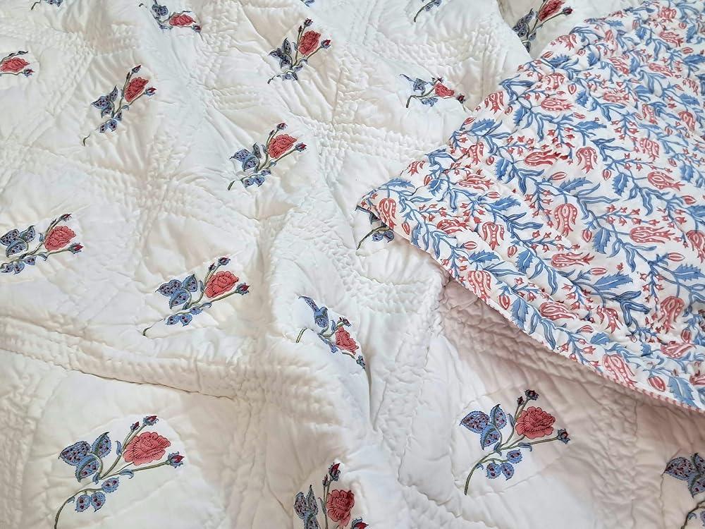 Queen Size Rose Pink Cotton Throw Blanket – Hand Block Printed 90x108 Bedspread – Lightweight Soft Quilt for Sofa, Couch, or Bed – Cozy All-Season Boho Blanket