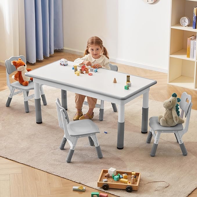 Kids Study Table and Chairs Set, Height Adjustable Toddler Table and Chair Set for Kids Ages 3-8, Graffiti Desktop (Grey)