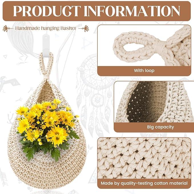 Hanging Fruit Baskets for Kitchen - 3 Pack Boho Wall Hanging Basket with 6 Pcs Strong Hooks, Handwoven Onion Storage Teardrop Home Onion Basket for Fruits Vegetable Potato Kitchen Storage (White)
