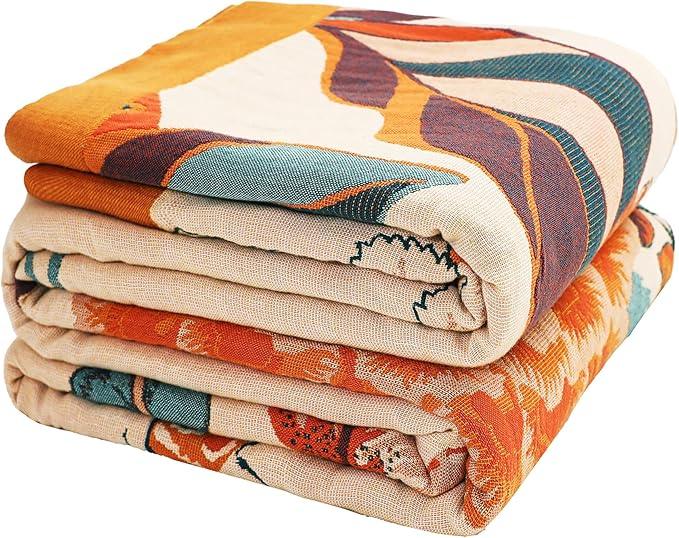 Boho Throw Blanket, 100% Organic Cotton Breathable Soft Lightweight All Season Rustic Bed Throw - Floral Bird Farmhouse Decor Blanket for Sofa Couch Chair Quilt and Gift. 60