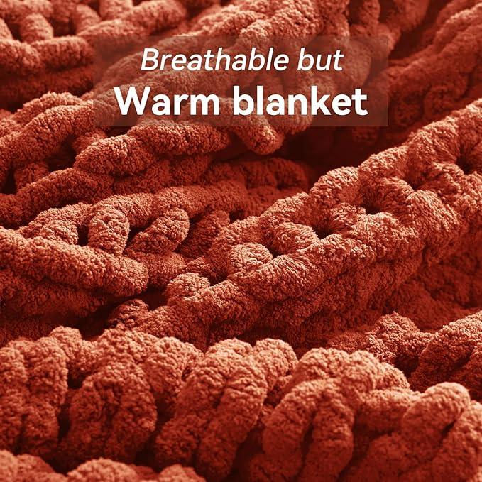 Chunky Knit Throw Blanket, 60''*80'' Fall Throw Blanket Knitted Chenille Yarn for Bed Couch, Handmade Orange Crochet Big Thick Blanket, Machine Washable Cute Comfy Blankets for Home Decor