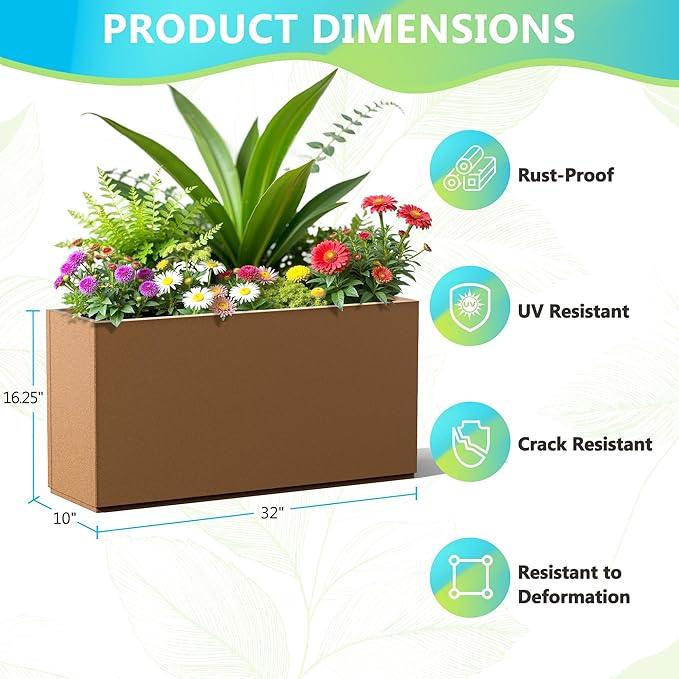 FENCY Metal Rectangular Planter Box, Large Planters for Outdoor Plants, Tall Planters for Outdoor Plants with Drainage Holes (32