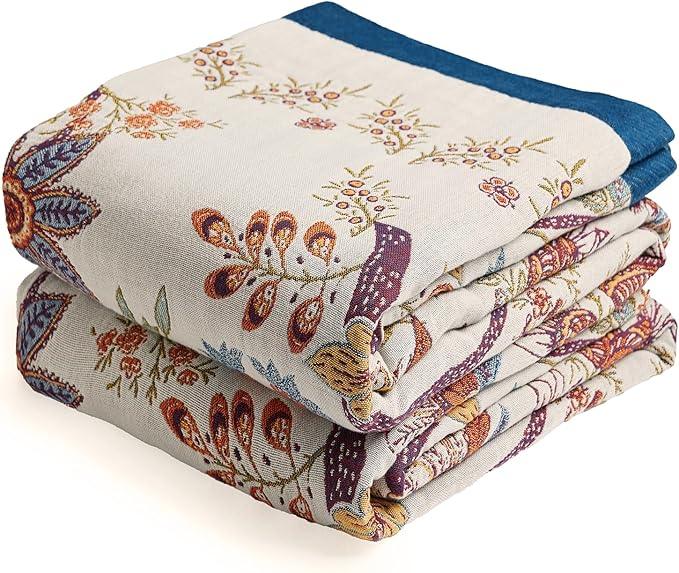 Boho Throw Blanket, 100% Organic Cotton Breathable Ultra Soft Bed Quilt Throw - All Season Floral Bird Butterfly Farmhouse Decor Blanket for Sofa Couch Chair and Gift. 60