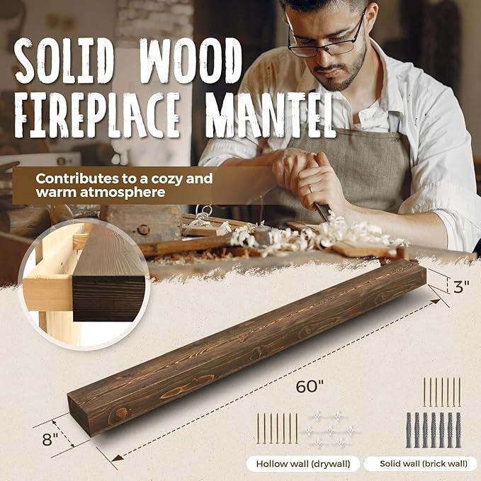 60x8x3 Fireplace Mantel - Handcrafted Hollow Rustic Solid Wood Wall Mounted Floating Shelf with Invisible Heavy Duty Wood Bracket (Weathered Brown)