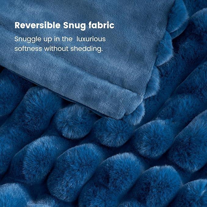 Cozy Bliss Faux Fur Throw Blanket for Couch, Cozy Warm Plush Striped Blanket for Sofa Bedroom Living Room,60 * 80 Inches Navy Blue