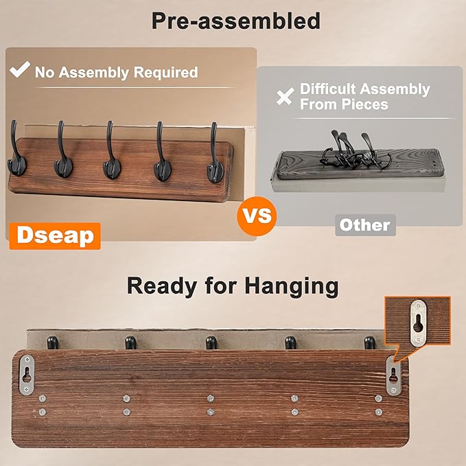 Dseap Coat Rack Wall: Patented, Heavy-Duty, 5-Double-Hooks Wooden Wall Mounted Coat Rack Coat Hanger Hook Rail for Winter Coats Hat Jacket Clothing, White & Black, Pack of 2